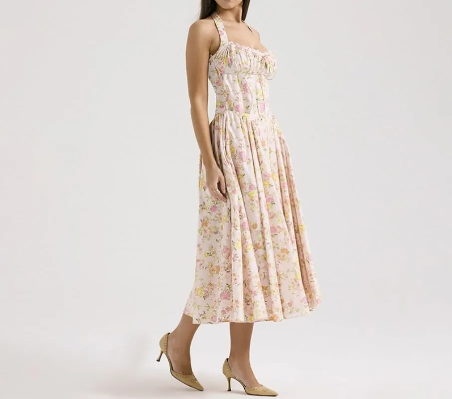 Women's Slim Fitting Camisole Long Dress, Fashionable Printed Neck Hanging Lace Dress