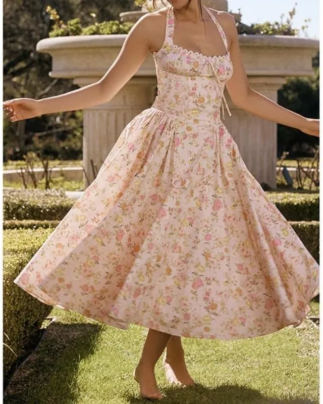 Women's Slim Fitting Camisole Long Dress, Fashionable Printed Neck Hanging Lace Dress