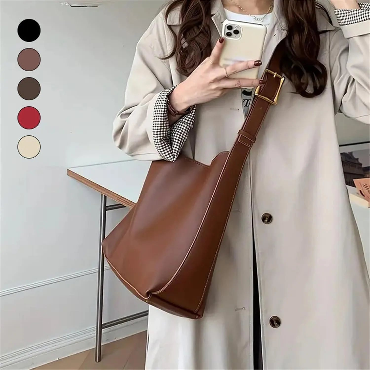 Women's Solid Color Tote Bag, Fashionable Bucket Large Capacity Casual Two-Piece Shoulder Messenger Bag