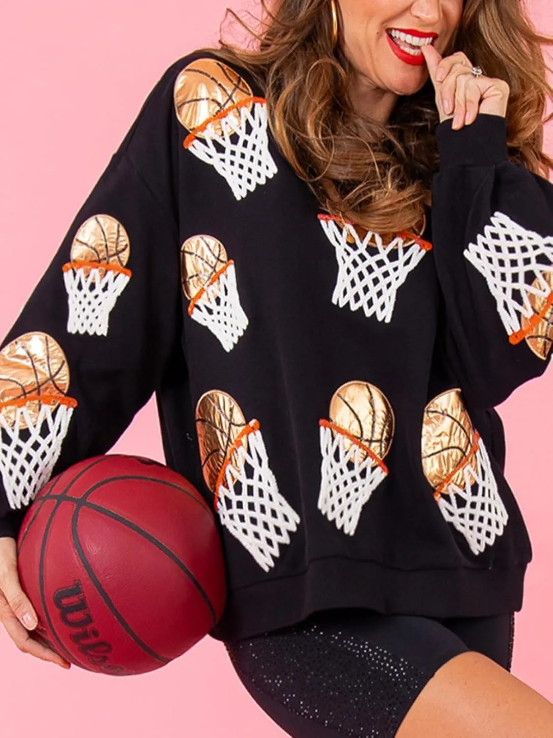 Womens Sparkle Basketball Hoop Sequin Sweatshirt Crewneck Oversized Long Sleeve Pullover Tops