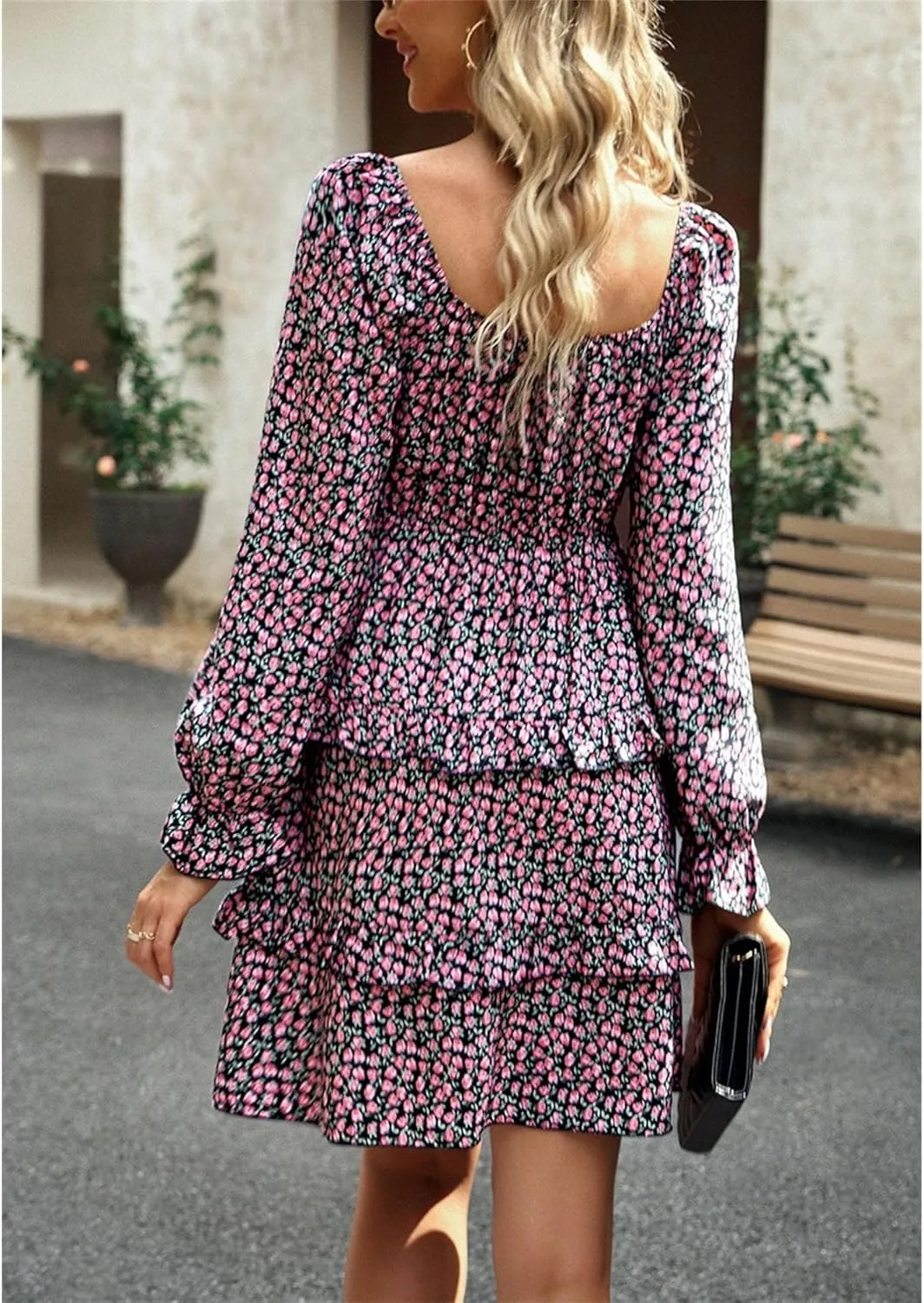 Women's Square Neck Ruffle Dress Long Sleeve Floral Tiered Dress High Waist Casual Swing Mini Dresses