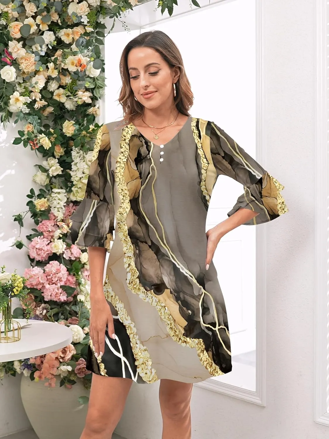 Womens Summer Casual Dress 2025 Trendy 3/4 Wave Bell Sleeve Button V Neck Flowy Dresses with Pockets