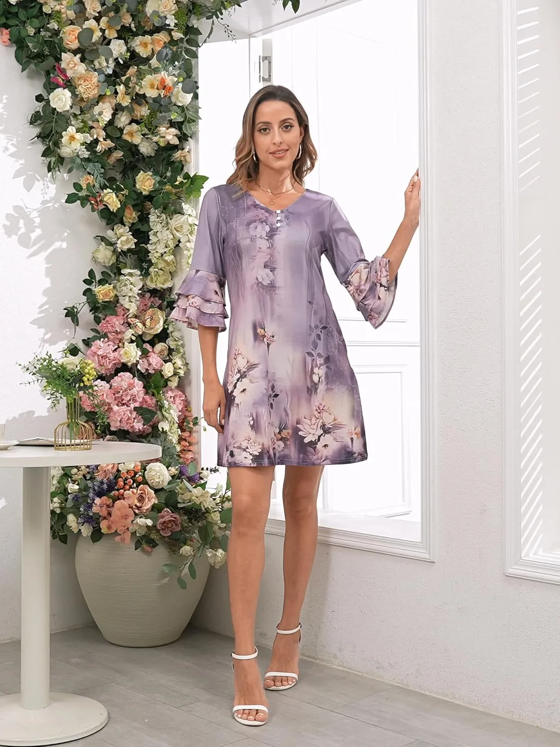 Womens Summer Casual Dress 2025 Trendy 3/4 Wave Bell Sleeve Button V Neck Flowy Dresses with Pockets