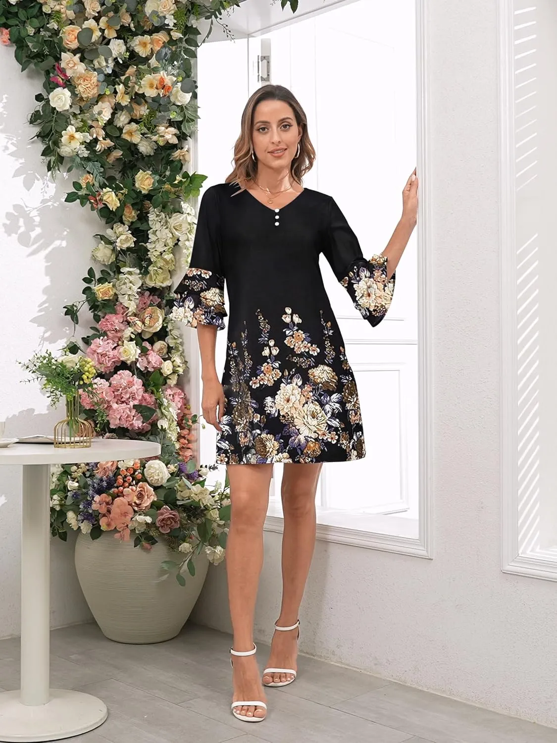 Womens Summer Casual Dress 2025 Trendy 3/4 Wave Bell Sleeve Button V Neck Flowy Dresses with Pockets