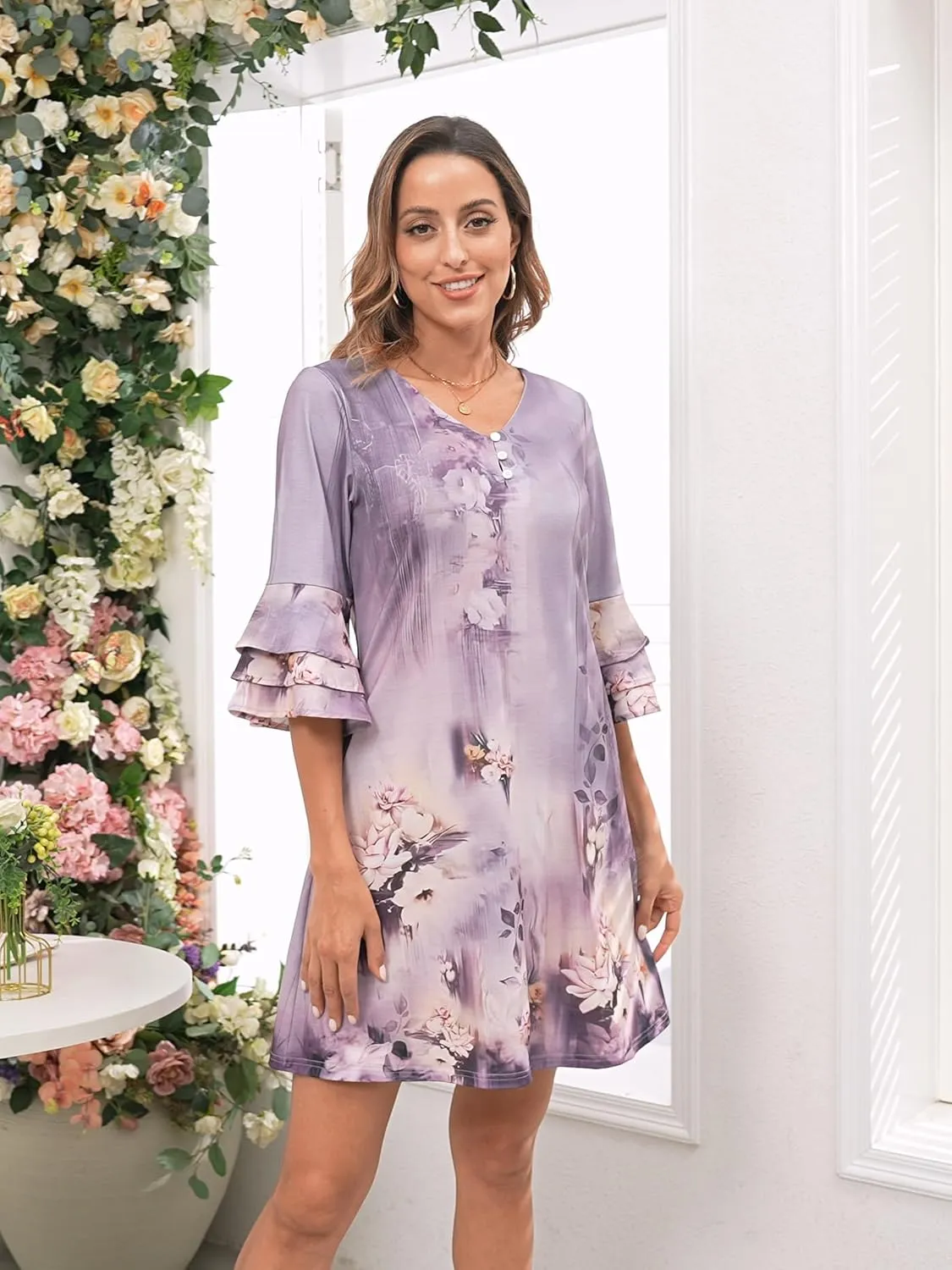 Womens Summer Casual Dress 2025 Trendy 3/4 Wave Bell Sleeve Button V Neck Flowy Dresses with Pockets