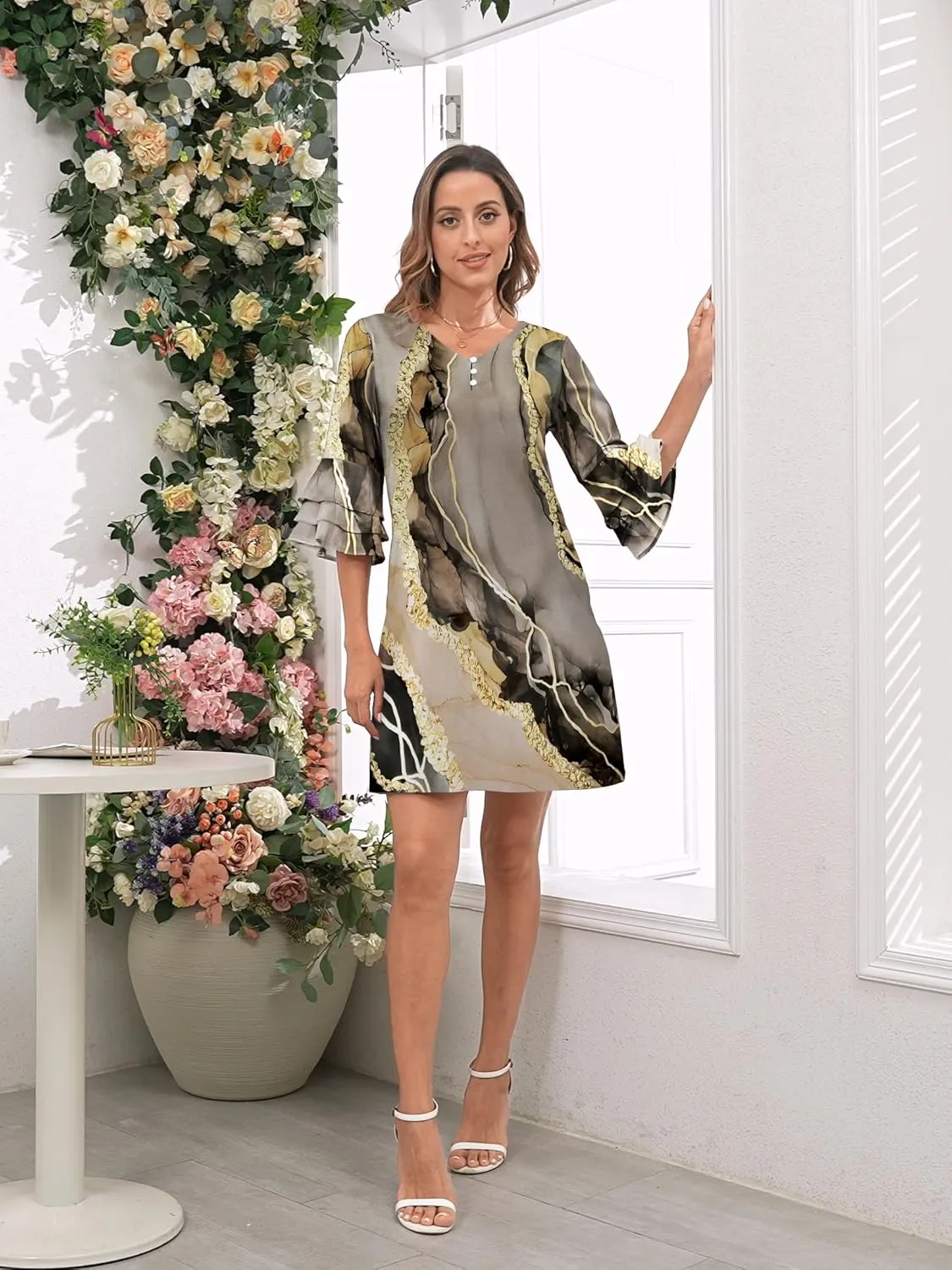 Womens Summer Casual Dress 2025 Trendy 3/4 Wave Bell Sleeve Button V Neck Flowy Dresses with Pockets