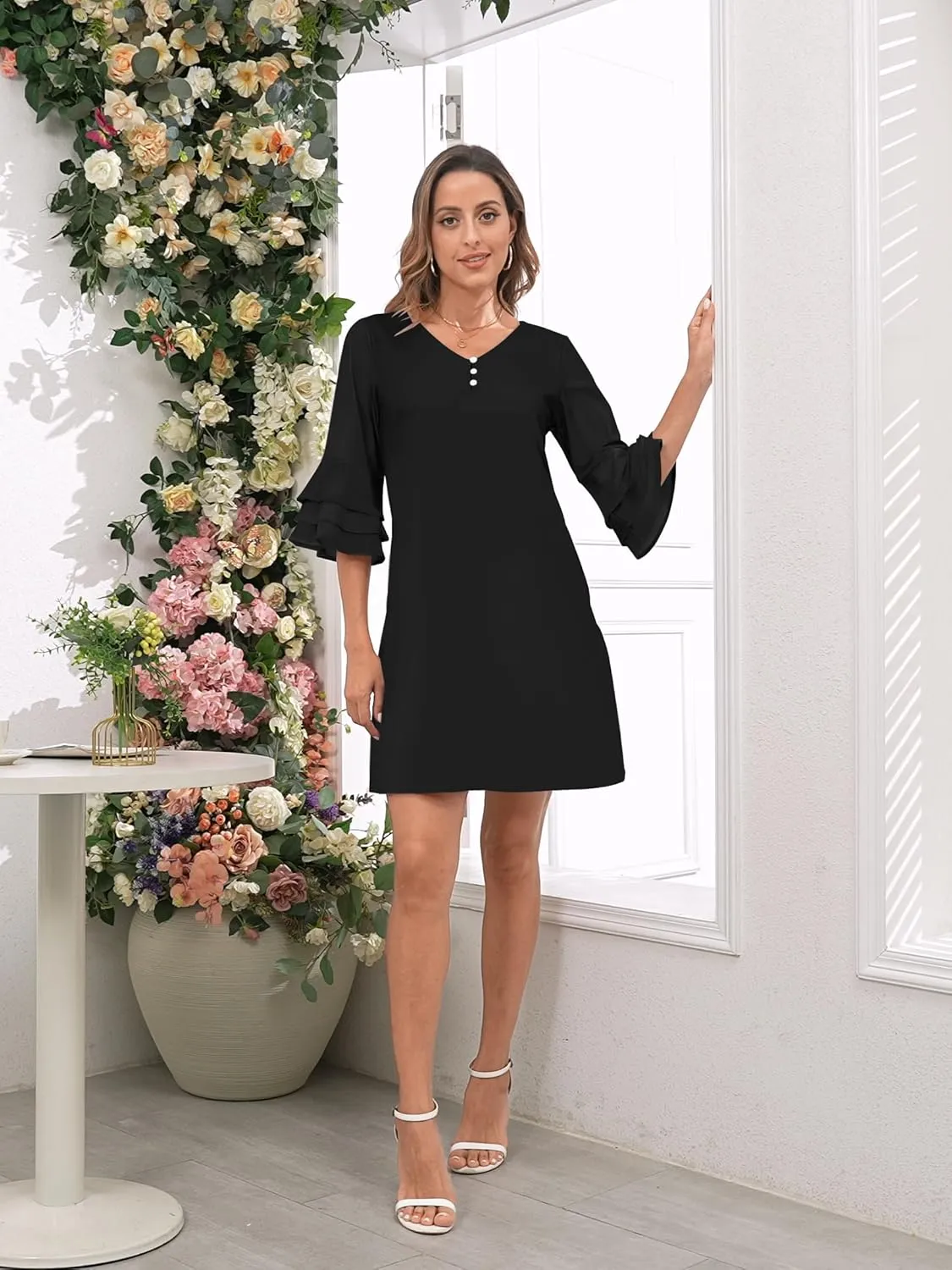 Womens Summer Casual Dress 2025 Trendy 3/4 Wave Bell Sleeve Button V Neck Flowy Dresses with Pockets