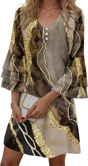Womens Summer Casual Dress 2025 Trendy 3/4 Wave Bell Sleeve Button V Neck Flowy Dresses with Pockets
