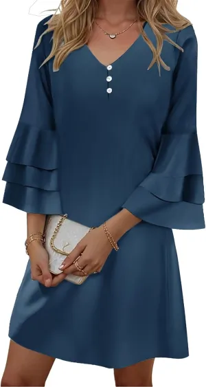 Womens Summer Casual Dress 2025 Trendy 3/4 Wave Bell Sleeve Button V Neck Flowy Dresses with Pockets