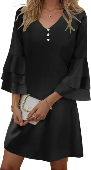 Womens Summer Casual Dress 2025 Trendy 3/4 Wave Bell Sleeve Button V Neck Flowy Dresses with Pockets