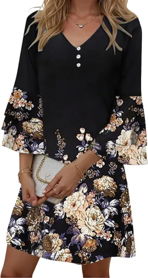 Womens Summer Casual Dress 2025 Trendy 3/4 Wave Bell Sleeve Button V Neck Flowy Dresses with Pockets