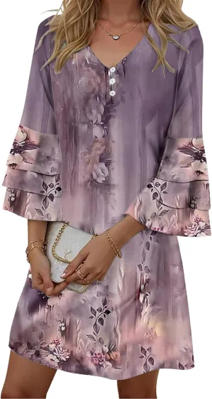 Womens Summer Casual Dress 2025 Trendy 3/4 Wave Bell Sleeve Button V Neck Flowy Dresses with Pockets