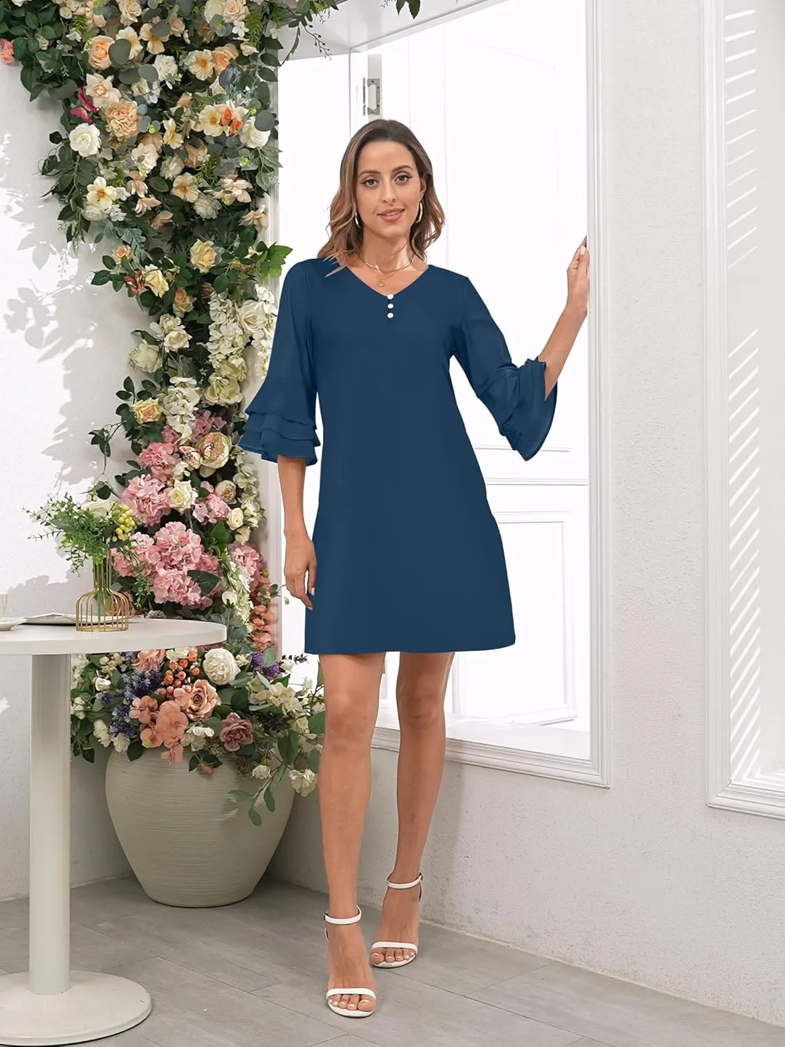 Womens Summer Casual Dress 2025 Trendy 3/4 Wave Bell Sleeve Button V Neck Flowy Dresses with Pockets