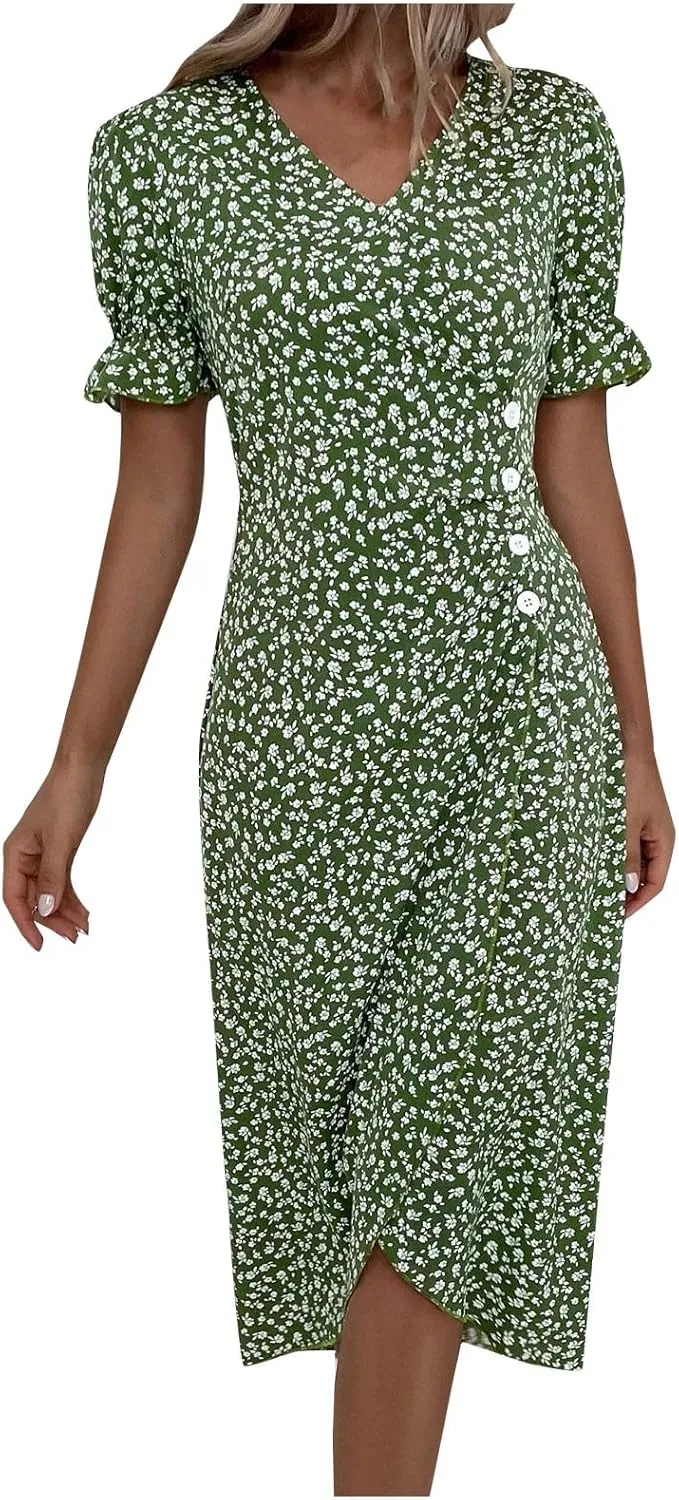 Women's Summer Dress Bohemianes Floral Printed Wrap A Line V Neck Flounce Sleeve Flowy Ruffle Midi Button Polka Dot Beach