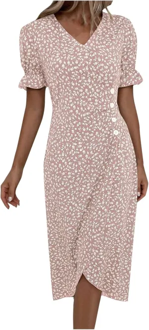Women's Summer Dress Bohemianes Floral Printed Wrap A Line V Neck Flounce Sleeve Flowy Ruffle Midi Button Polka Dot Beach
