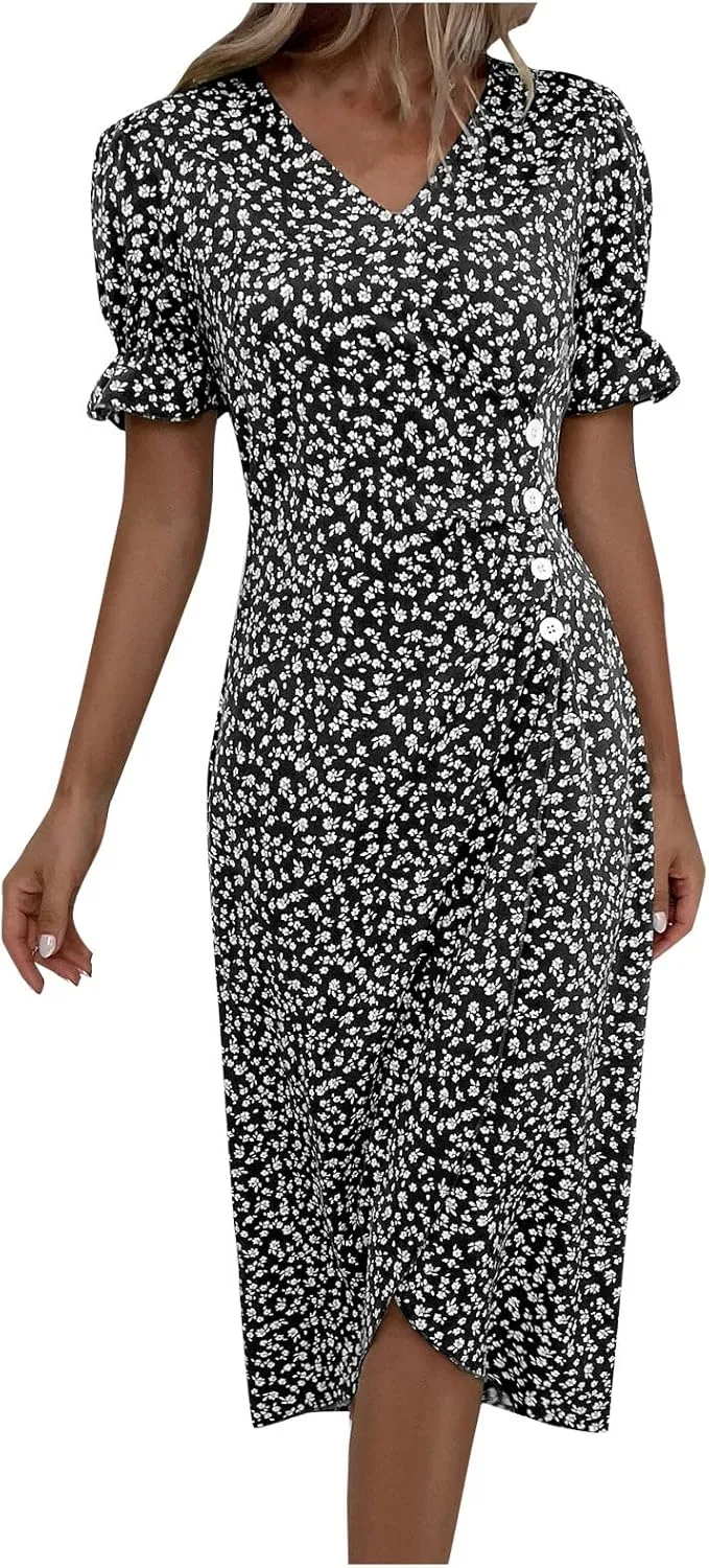 Women's Summer Dress Bohemianes Floral Printed Wrap A Line V Neck Flounce Sleeve Flowy Ruffle Midi Button Polka Dot Beach