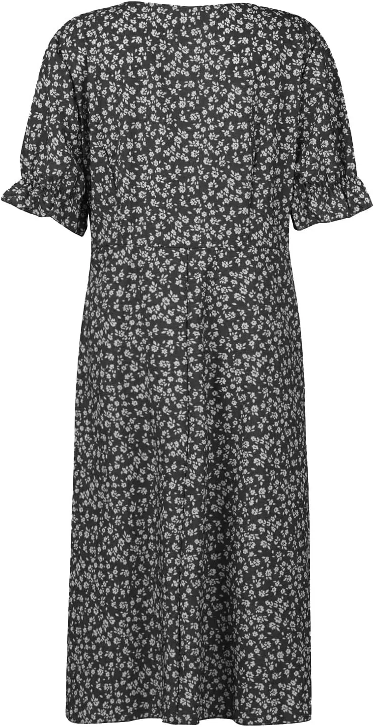 Women's Summer Dress Bohemianes Floral Printed Wrap A Line V Neck Flounce Sleeve Flowy Ruffle Midi Button Polka Dot Beach