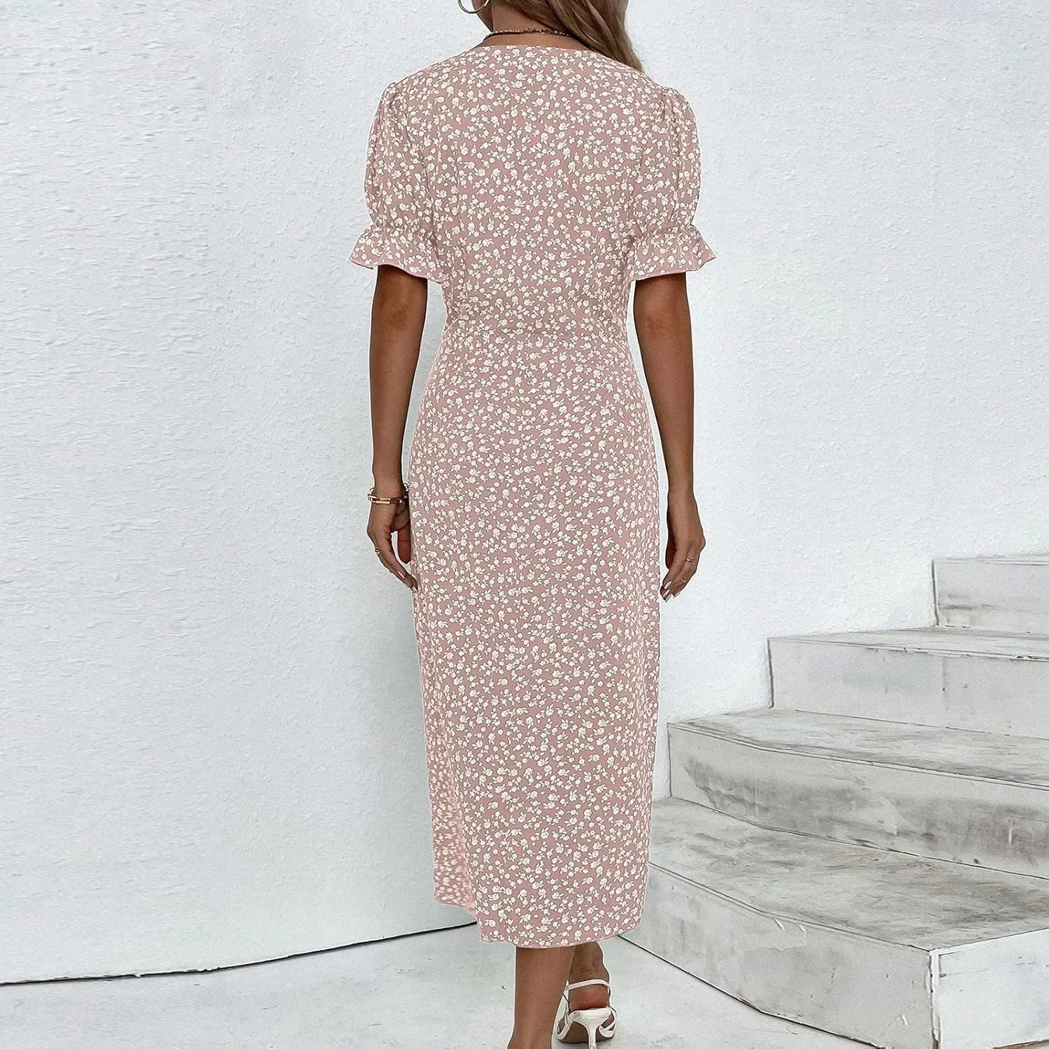 Women's Summer Dress Bohemianes Floral Printed Wrap A Line V Neck Flounce Sleeve Flowy Ruffle Midi Button Polka Dot Beach