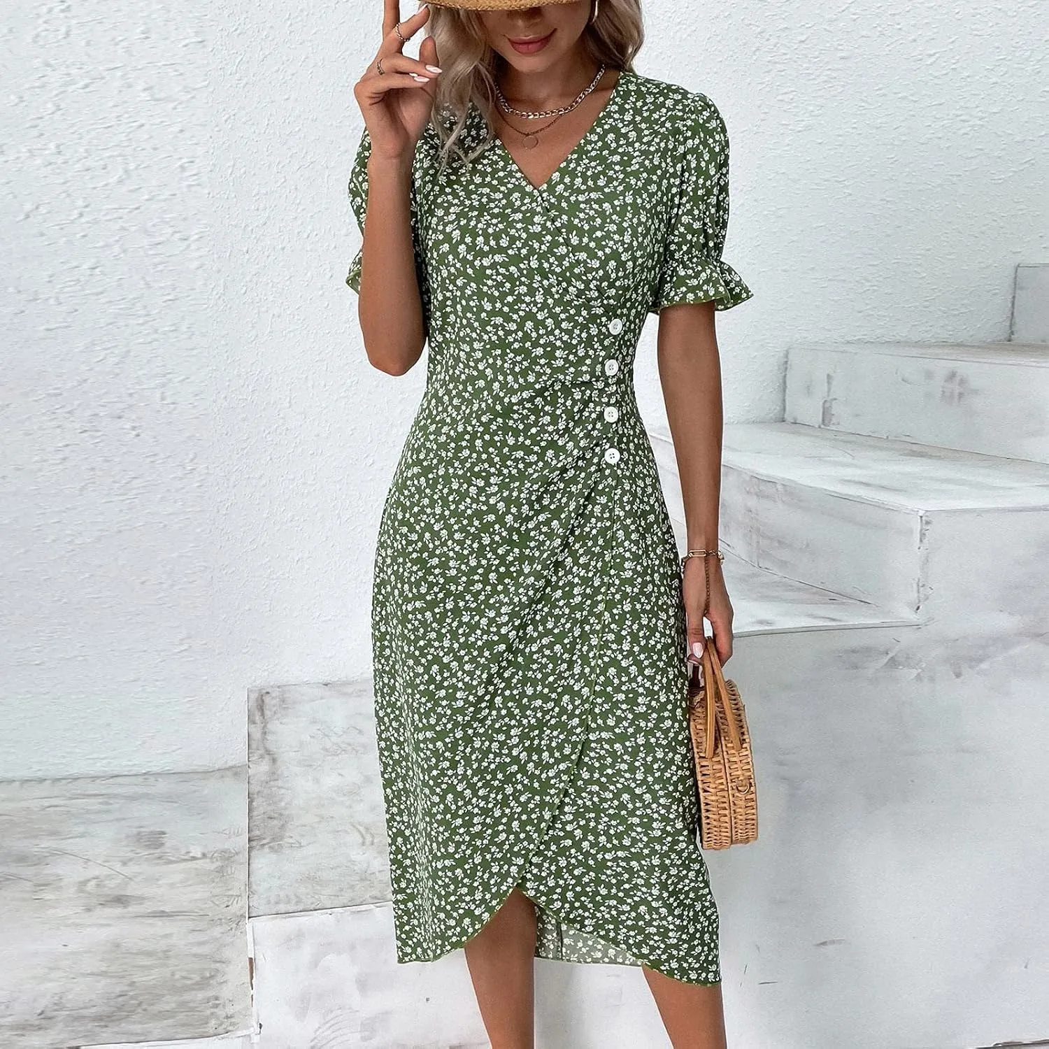 Women's Summer Dress Bohemianes Floral Printed Wrap A Line V Neck Flounce Sleeve Flowy Ruffle Midi Button Polka Dot Beach