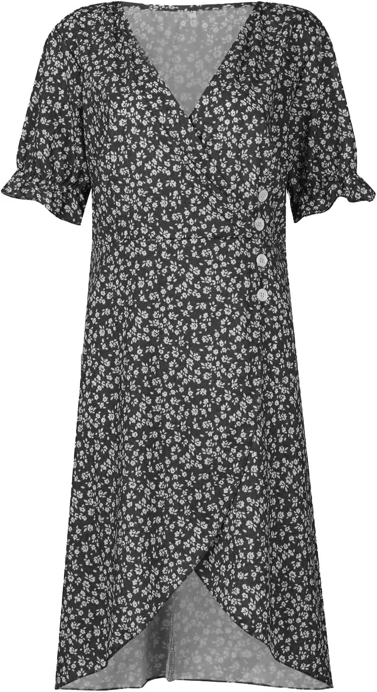 Women's Summer Dress Bohemianes Floral Printed Wrap A Line V Neck Flounce Sleeve Flowy Ruffle Midi Button Polka Dot Beach