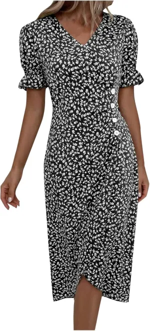 Women's Summer Dress Bohemianes Floral Printed Wrap A Line V Neck Flounce Sleeve Flowy Ruffle Midi Button Polka Dot Beach