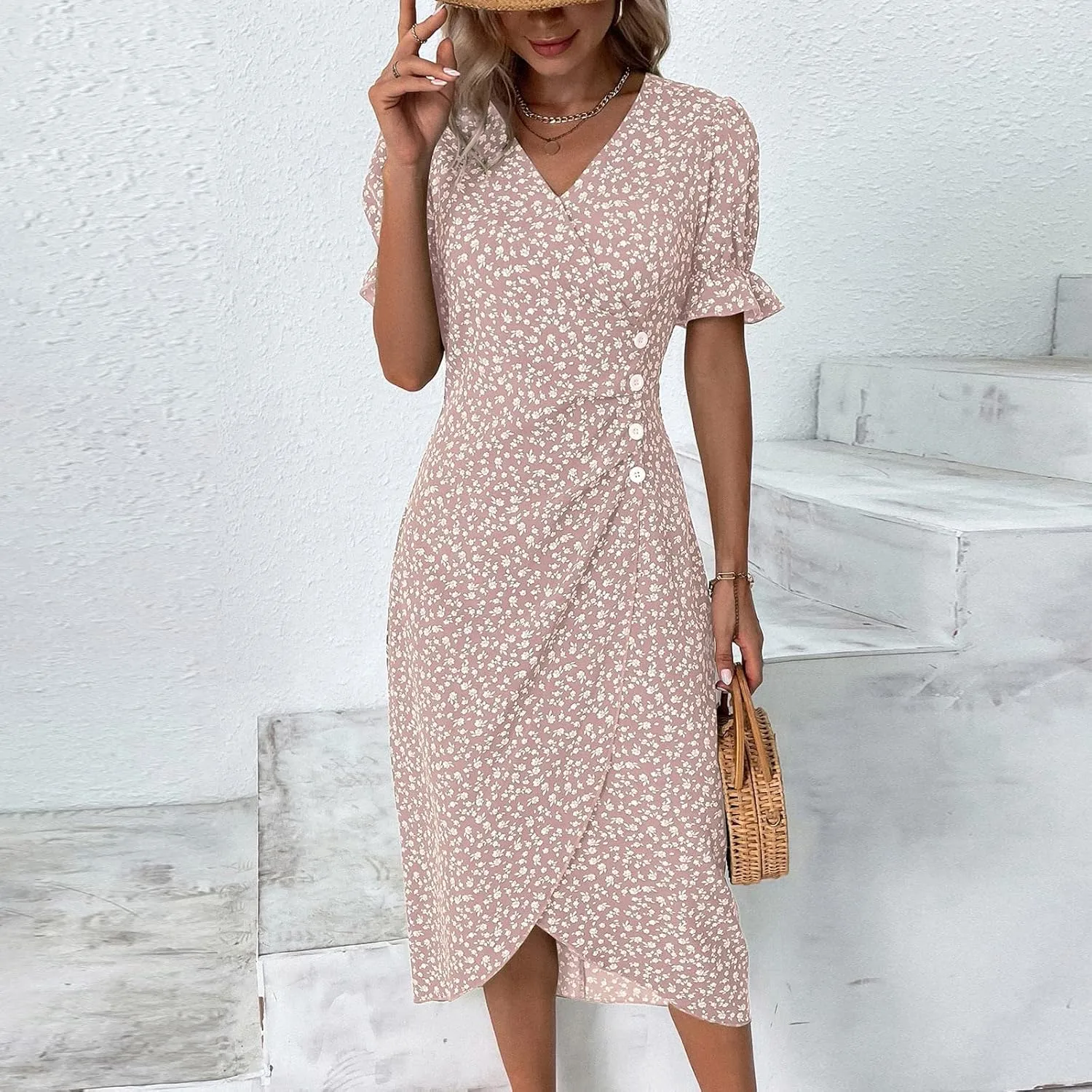 Women's Summer Dress Bohemianes Floral Printed Wrap A Line V Neck Flounce Sleeve Flowy Ruffle Midi Button Polka Dot Beach