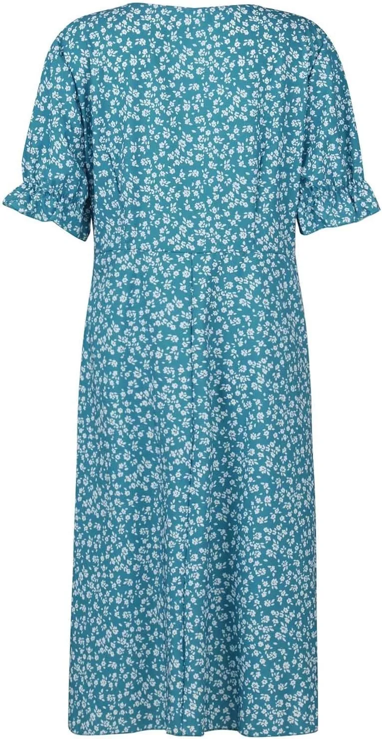 Women's Summer Dress Bohemianes Floral Printed Wrap A Line V Neck Flounce Sleeve Flowy Ruffle Midi Button Polka Dot Beach