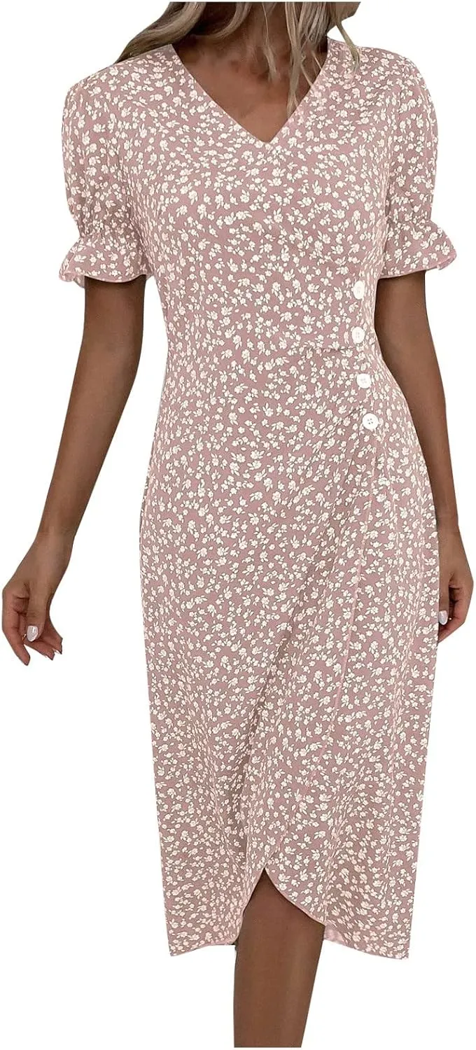 Women's Summer Dress Bohemianes Floral Printed Wrap A Line V Neck Flounce Sleeve Flowy Ruffle Midi Button Polka Dot Beach