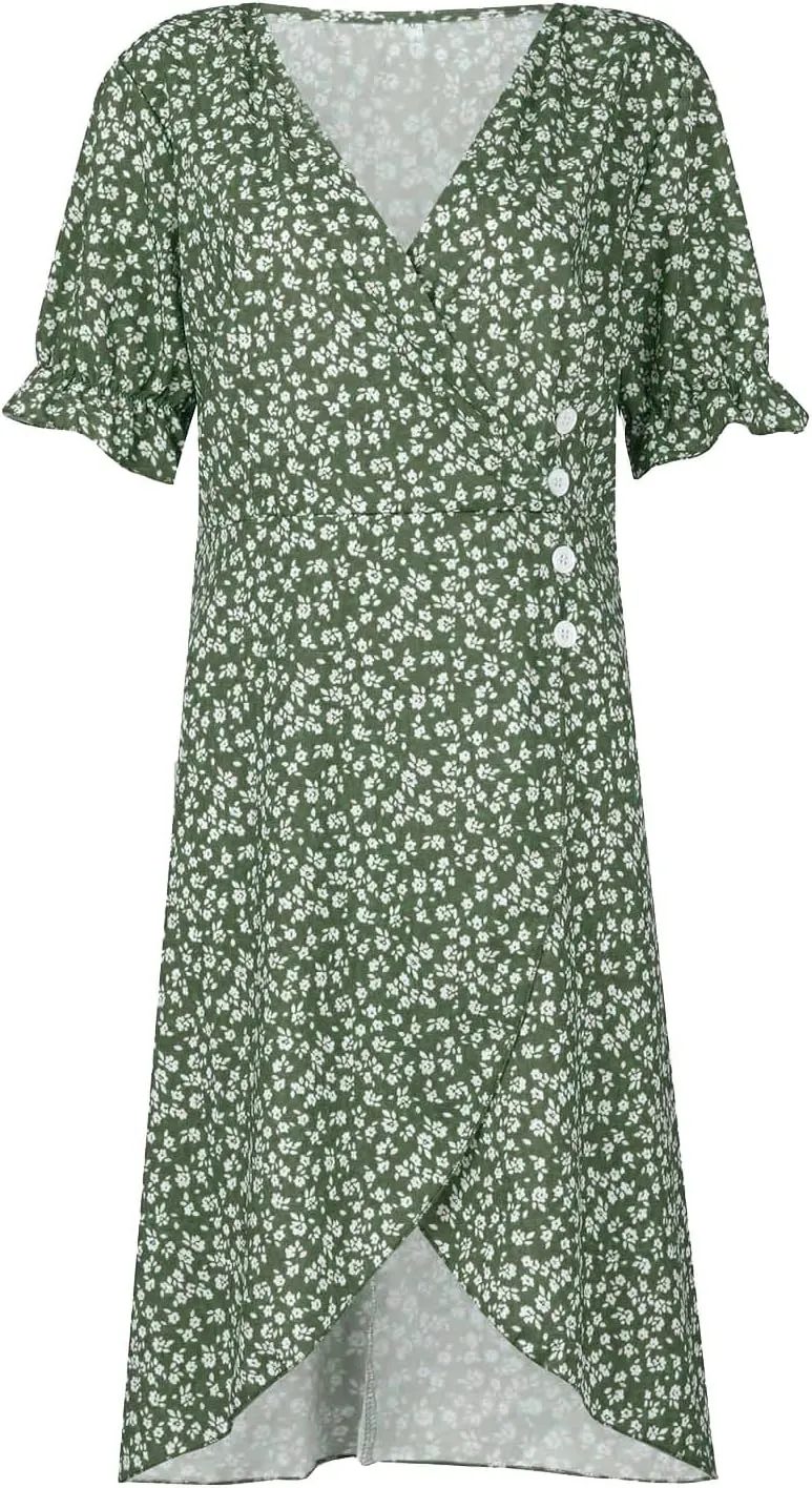 Women's Summer Dress Bohemianes Floral Printed Wrap A Line V Neck Flounce Sleeve Flowy Ruffle Midi Button Polka Dot Beach