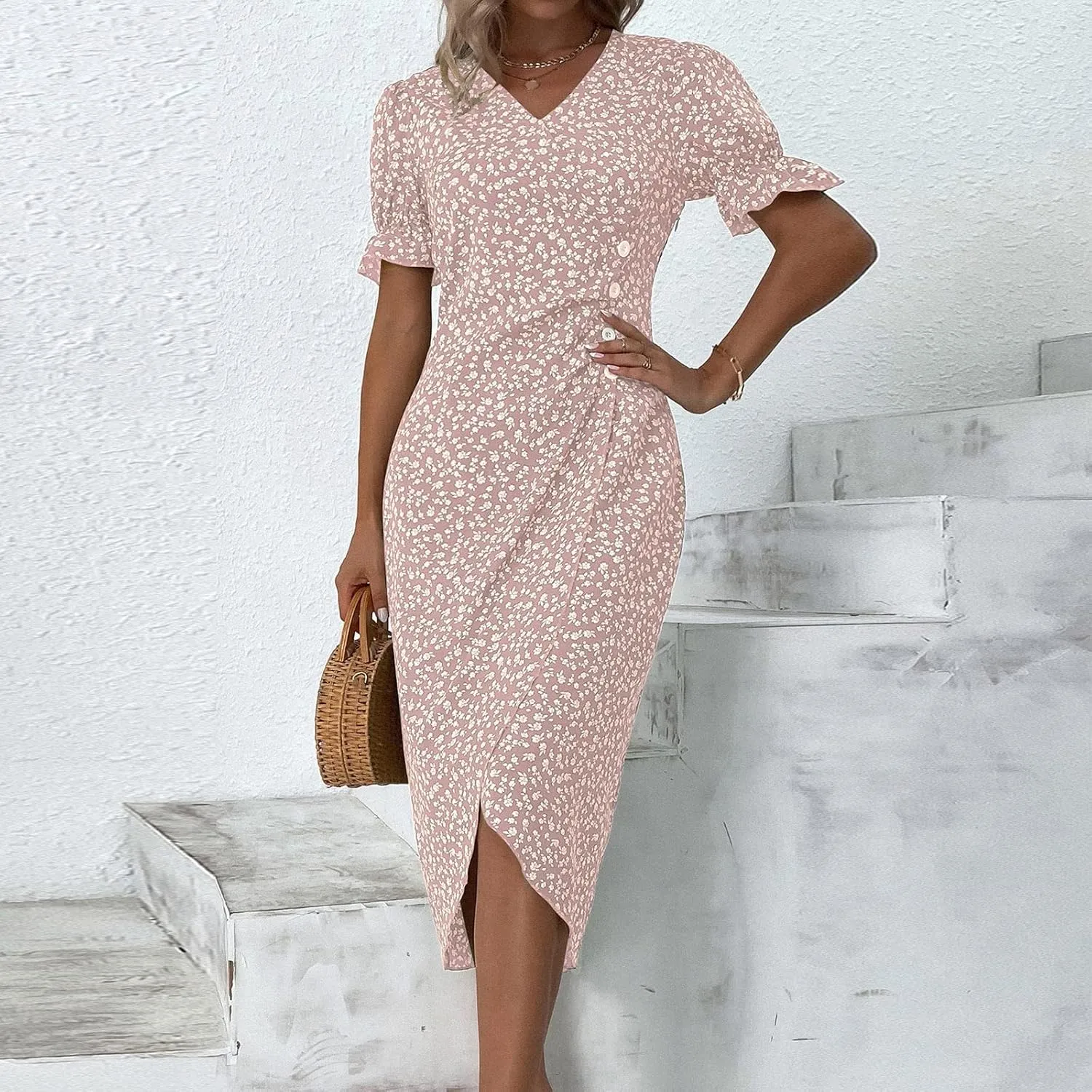 Women's Summer Dress Bohemianes Floral Printed Wrap A Line V Neck Flounce Sleeve Flowy Ruffle Midi Button Polka Dot Beach