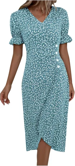 Women's Summer Dress Bohemianes Floral Printed Wrap A Line V Neck Flounce Sleeve Flowy Ruffle Midi Button Polka Dot Beach