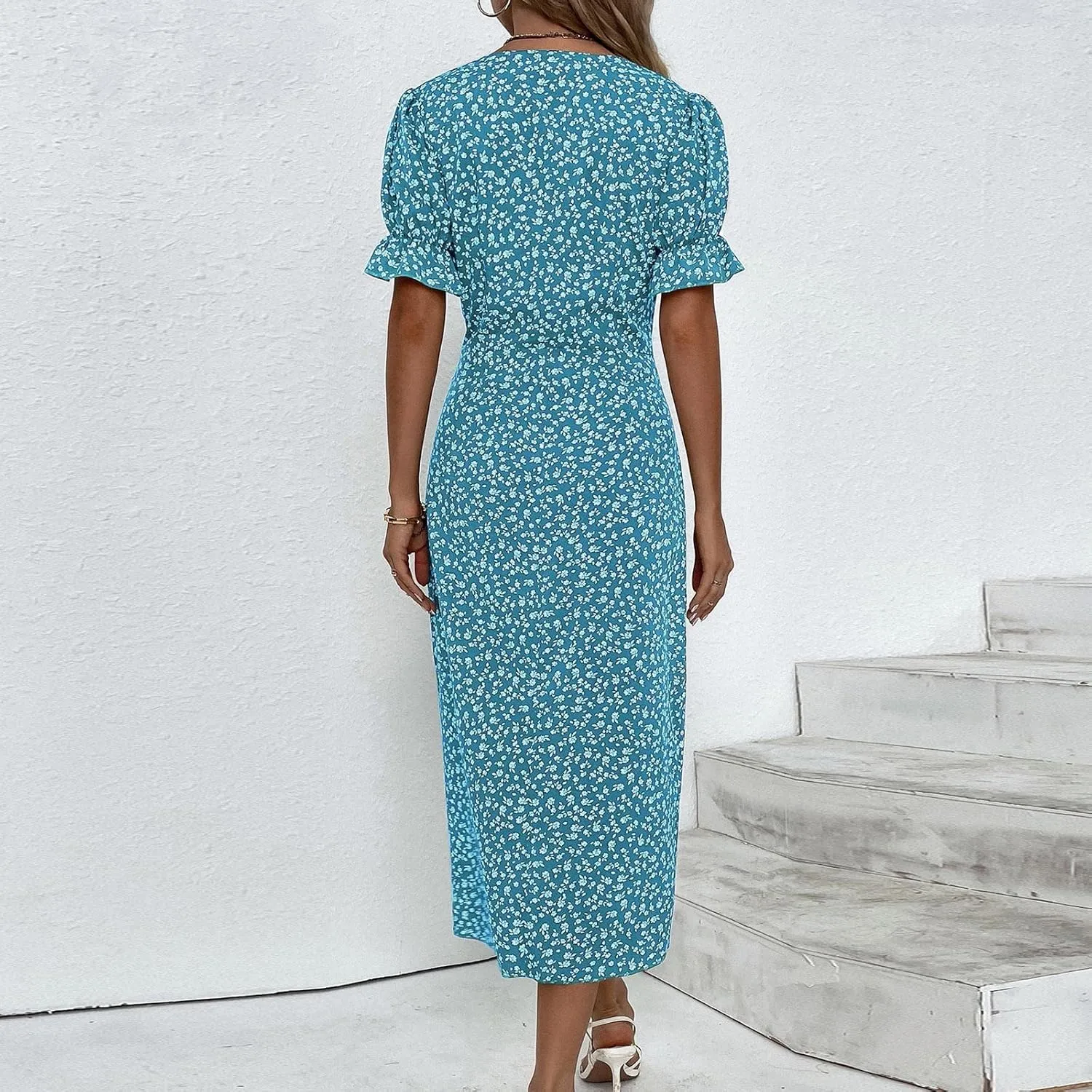 Women's Summer Dress Bohemianes Floral Printed Wrap A Line V Neck Flounce Sleeve Flowy Ruffle Midi Button Polka Dot Beach