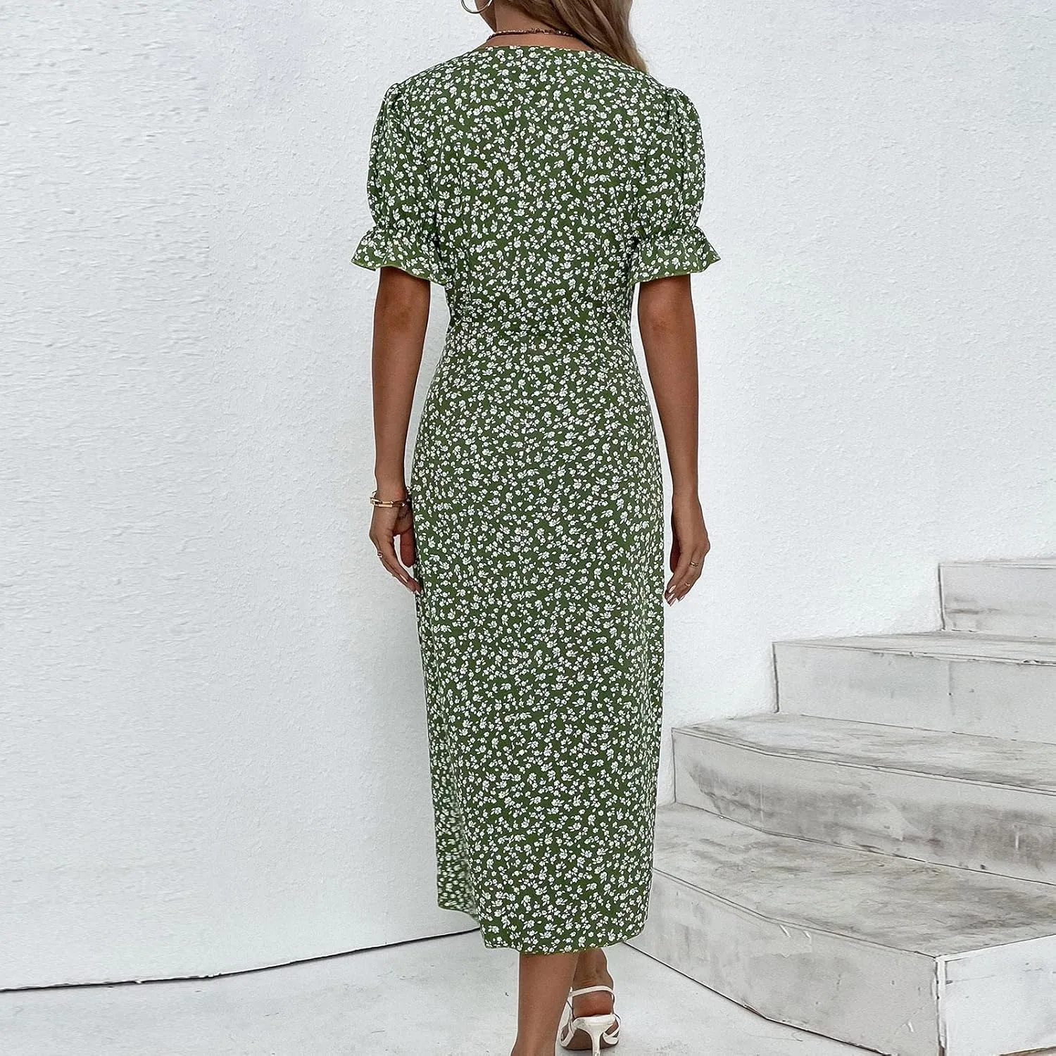 Women's Summer Dress Bohemianes Floral Printed Wrap A Line V Neck Flounce Sleeve Flowy Ruffle Midi Button Polka Dot Beach