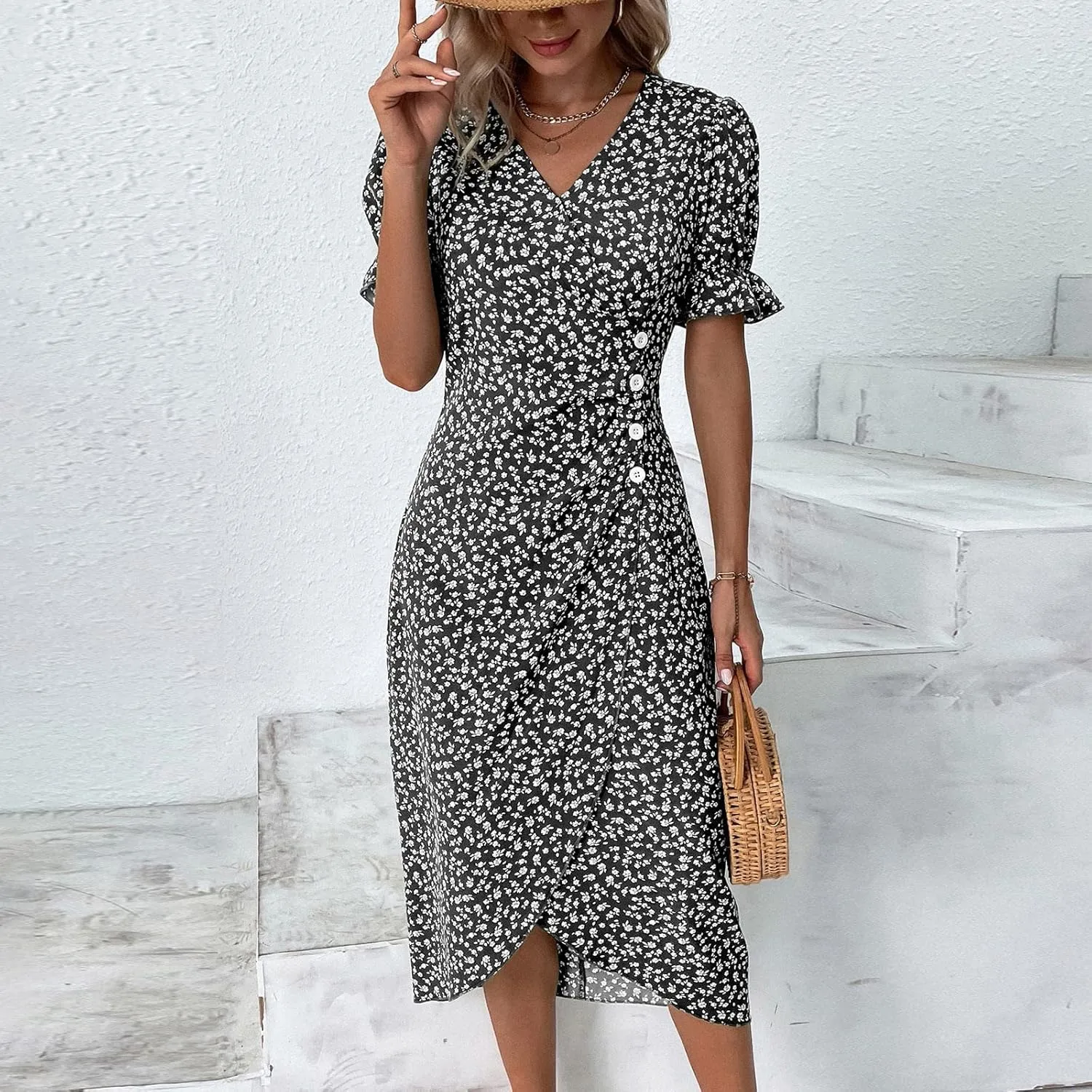 Women's Summer Dress Bohemianes Floral Printed Wrap A Line V Neck Flounce Sleeve Flowy Ruffle Midi Button Polka Dot Beach