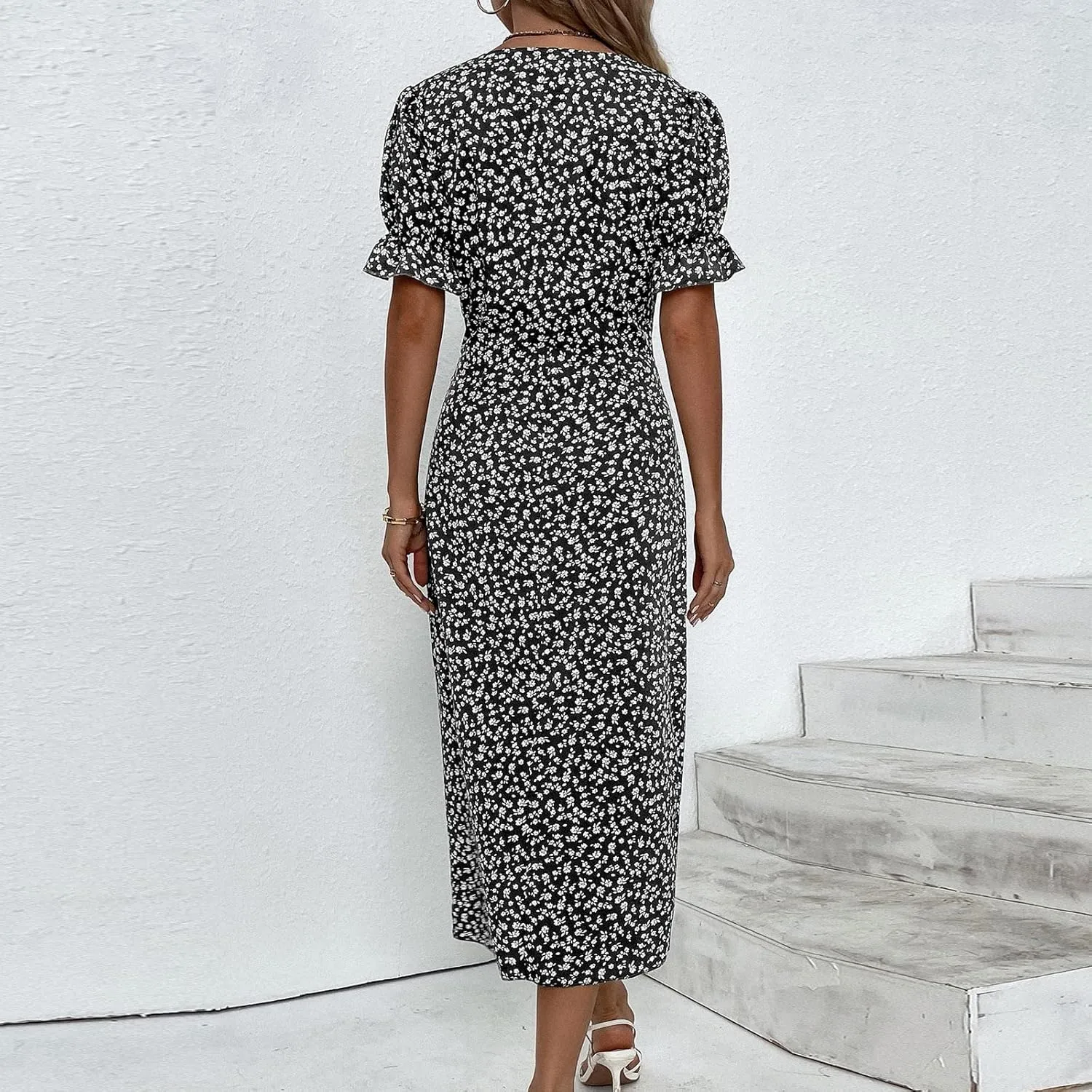 Women's Summer Dress Bohemianes Floral Printed Wrap A Line V Neck Flounce Sleeve Flowy Ruffle Midi Button Polka Dot Beach
