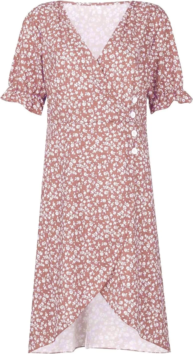 Women's Summer Dress Bohemianes Floral Printed Wrap A Line V Neck Flounce Sleeve Flowy Ruffle Midi Button Polka Dot Beach