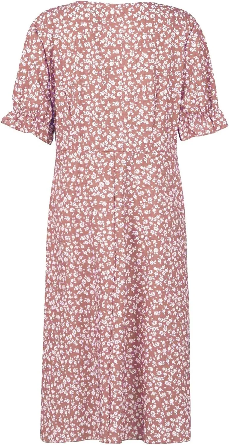 Women's Summer Dress Bohemianes Floral Printed Wrap A Line V Neck Flounce Sleeve Flowy Ruffle Midi Button Polka Dot Beach