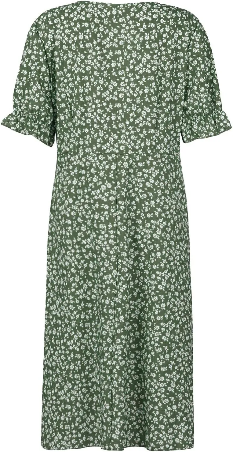 Women's Summer Dress Bohemianes Floral Printed Wrap A Line V Neck Flounce Sleeve Flowy Ruffle Midi Button Polka Dot Beach