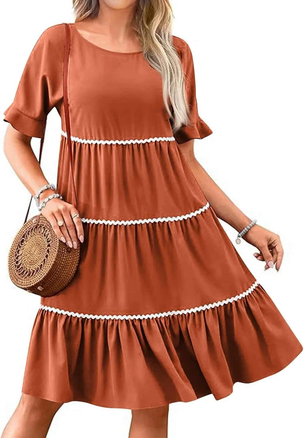 Women's Summer Flutter Short Sleeve Midi Dress Casual Crewneck Flowy Tiered Beach Vacation Fashionable Dresses