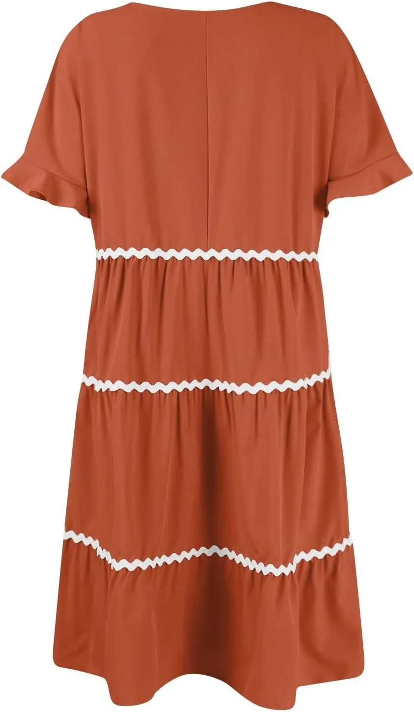 Women's Summer Flutter Short Sleeve Midi Dress Casual Crewneck Flowy Tiered Beach Vacation Fashionable Dresses