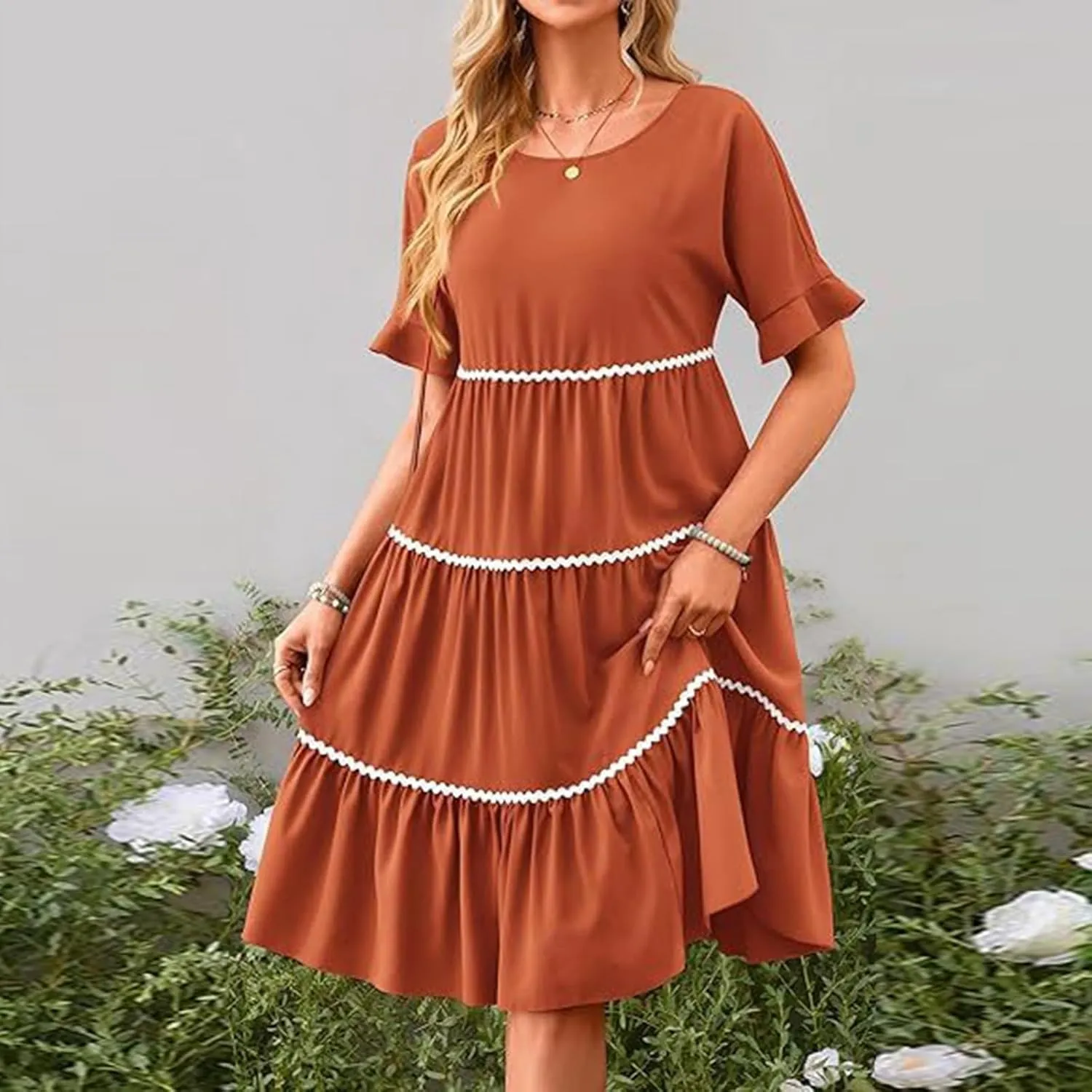 Women's Summer Flutter Short Sleeve Midi Dress Casual Crewneck Flowy Tiered Beach Vacation Fashionable Dresses