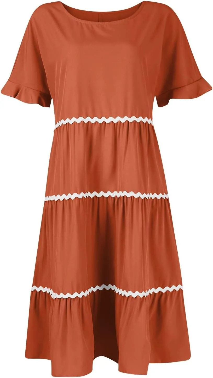 Women's Summer Flutter Short Sleeve Midi Dress Casual Crewneck Flowy Tiered Beach Vacation Fashionable Dresses