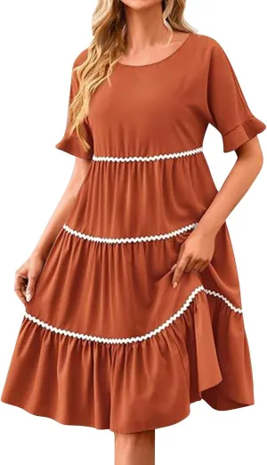 Women's Summer Flutter Short Sleeve Midi Dress Casual Crewneck Flowy Tiered Beach Vacation Fashionable Dresses