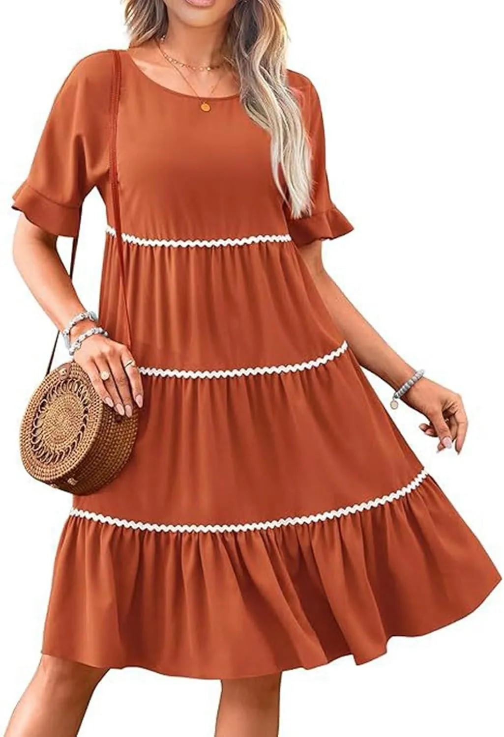 Women's Summer Flutter Short Sleeve Midi Dress Casual Crewneck Flowy Tiered Beach Vacation Fashionable Dresses