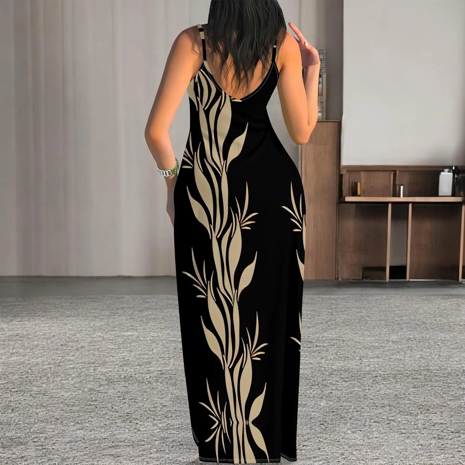 Women's Summer Maxi Dress Casual African Print Spaghetti Strap Long Maxi Dresses Sexy V-Neck Floral Sleeveless Beach Sundress