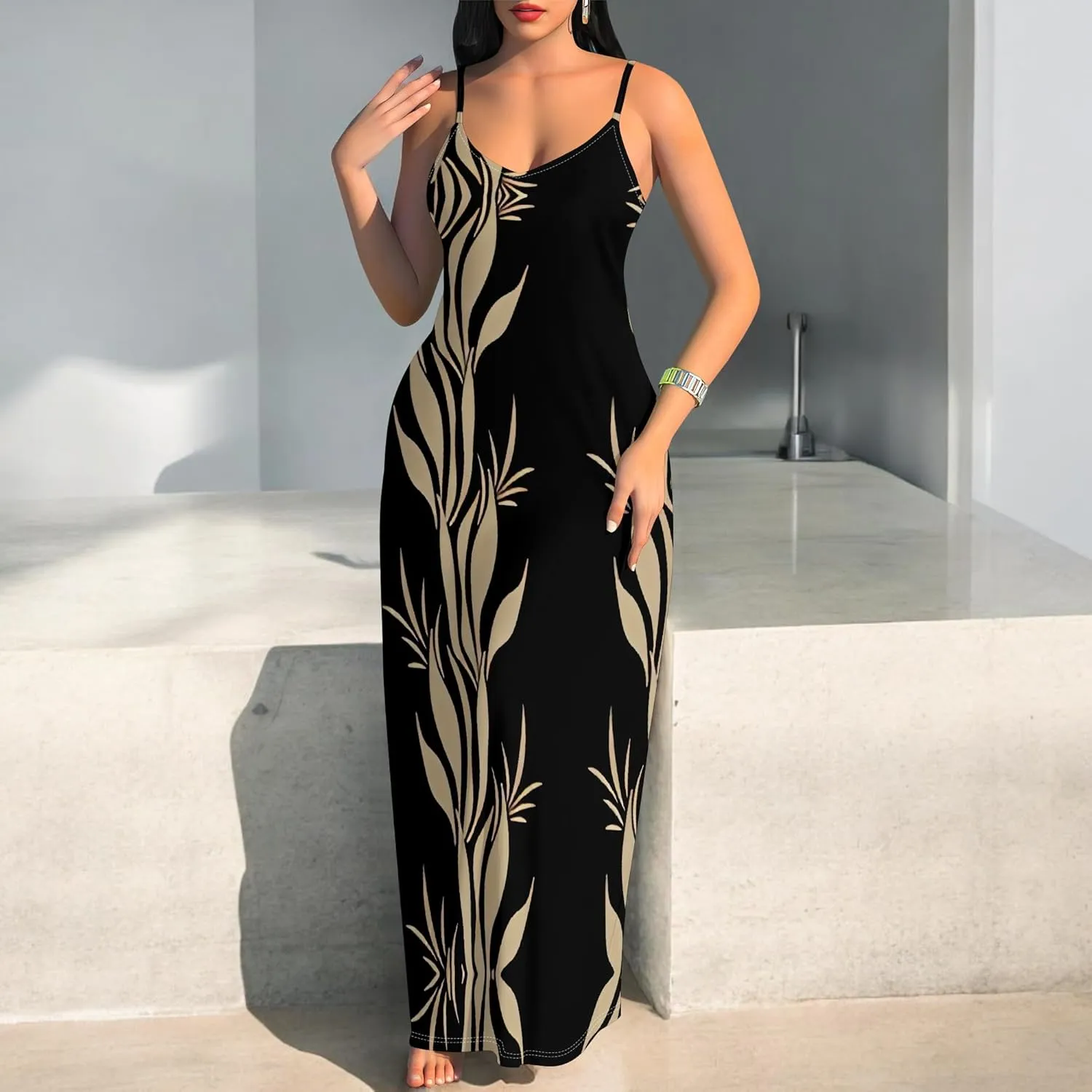 Women's Summer Maxi Dress Casual African Print Spaghetti Strap Long Maxi Dresses Sexy V-Neck Floral Sleeveless Beach Sundress