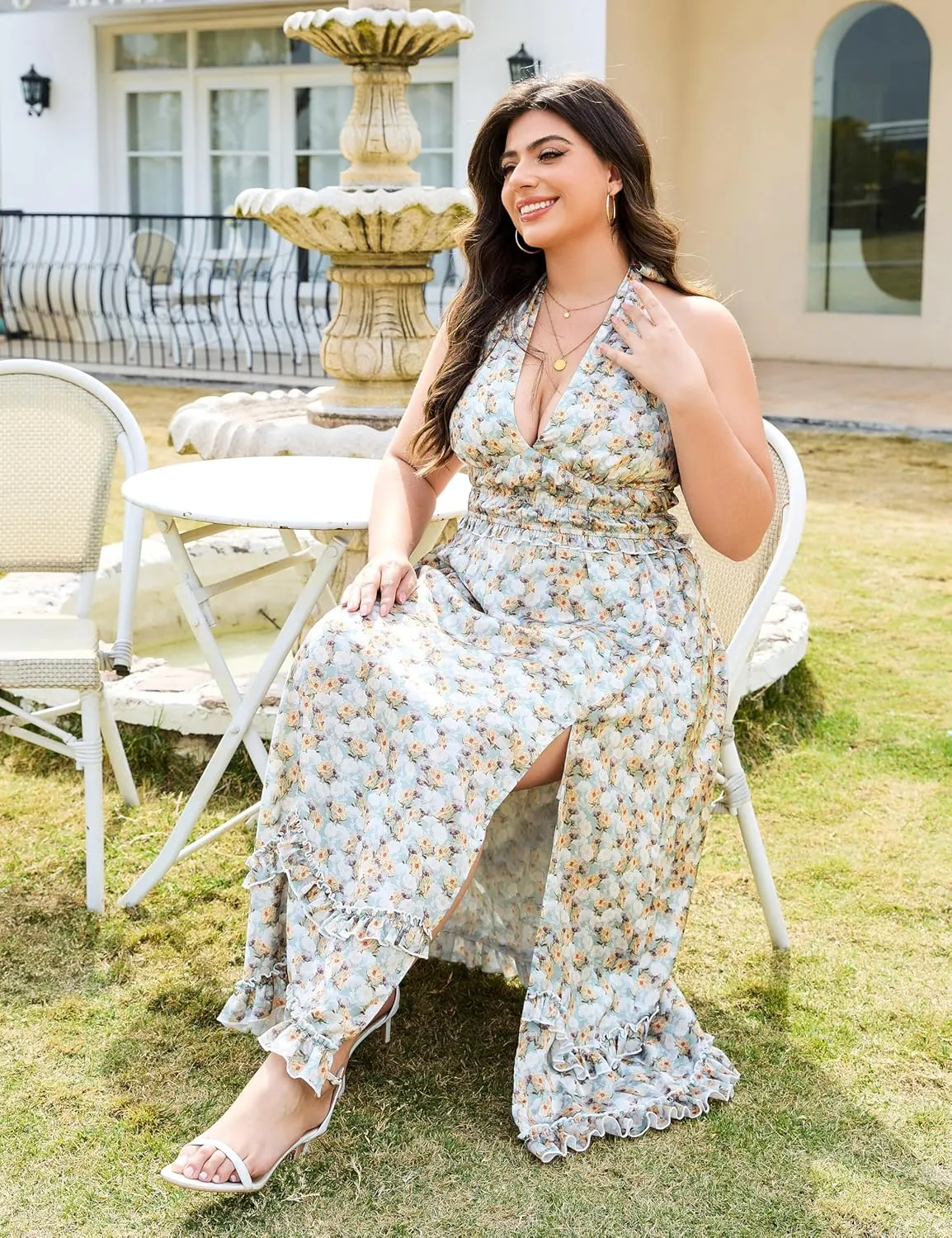 Women's Summer Sundress Sleeveless Halter V Neck Boho Floral Maxi Dress Elastic Waist Ruffle Spring Vacation Outfits