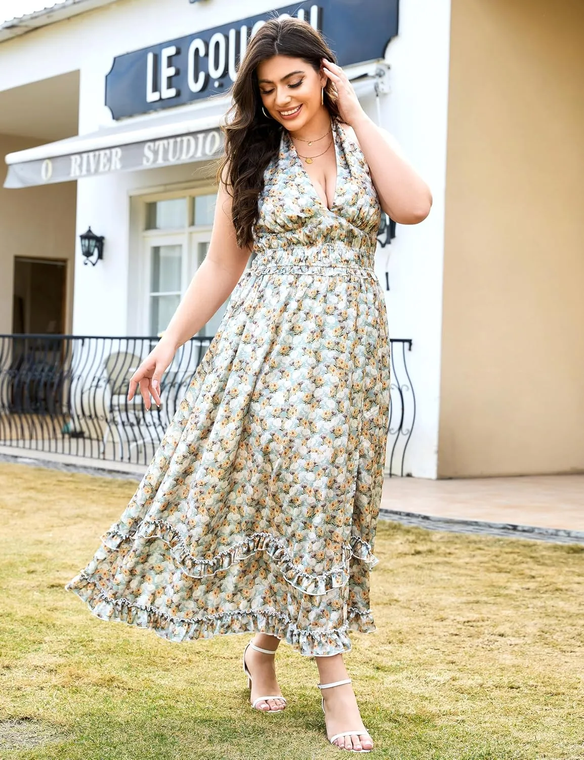 Women's Summer Sundress Sleeveless Halter V Neck Boho Floral Maxi Dress Elastic Waist Ruffle Spring Vacation Outfits