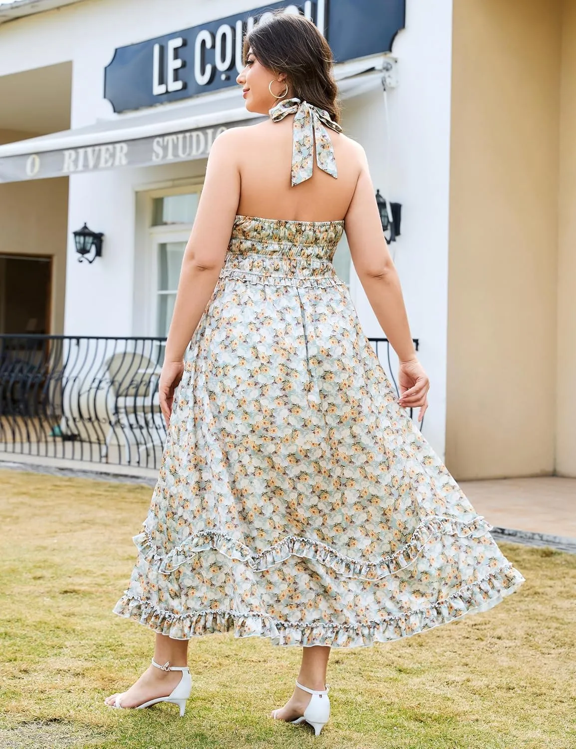 Women's Summer Sundress Sleeveless Halter V Neck Boho Floral Maxi Dress Elastic Waist Ruffle Spring Vacation Outfits
