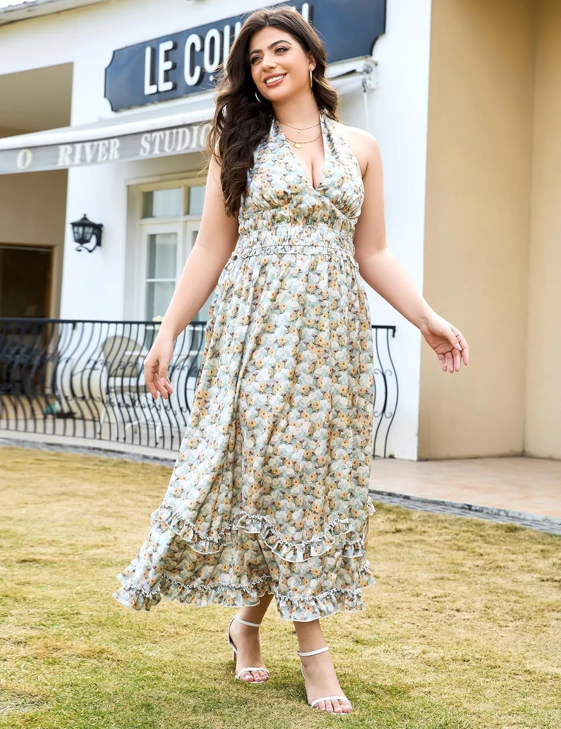 Women's Summer Sundress Sleeveless Halter V Neck Boho Floral Maxi Dress Elastic Waist Ruffle Spring Vacation Outfits